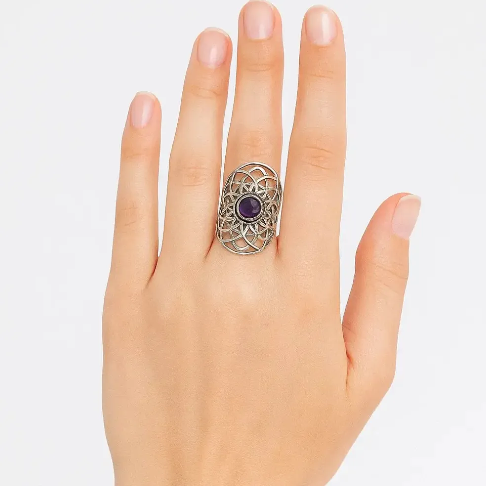Bague graine de vie couleur argent améthyste