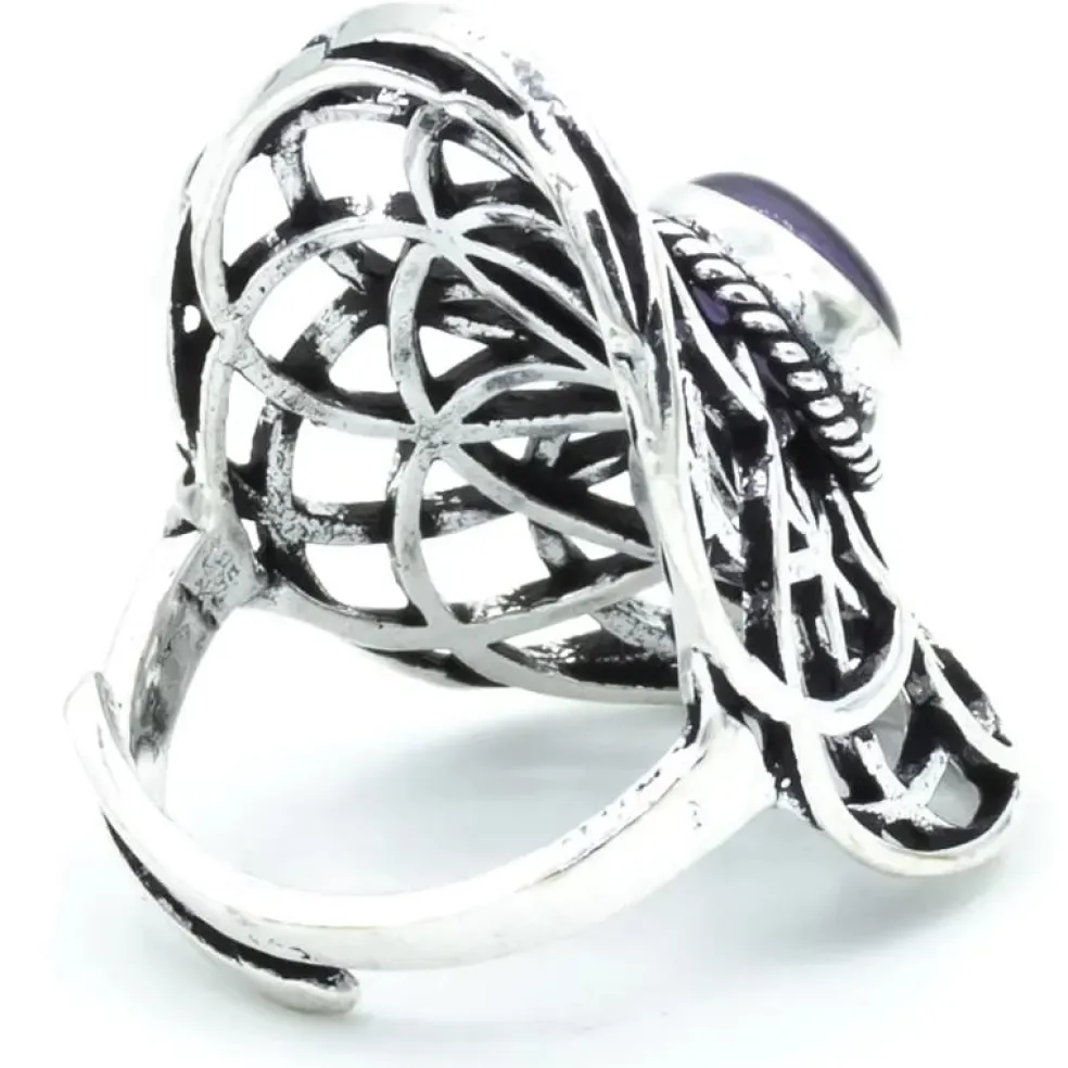 Bague graine de vie couleur argent améthyste