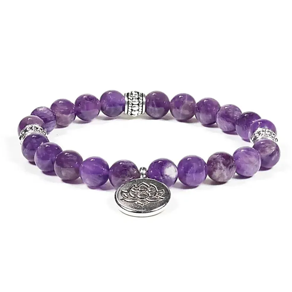 Bracelet Améthyste 21 perles | charm Lotus