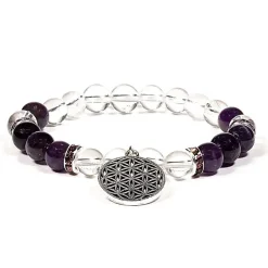 Bracelet Cristal de roche - Améthyste | charm Fleur de Vie