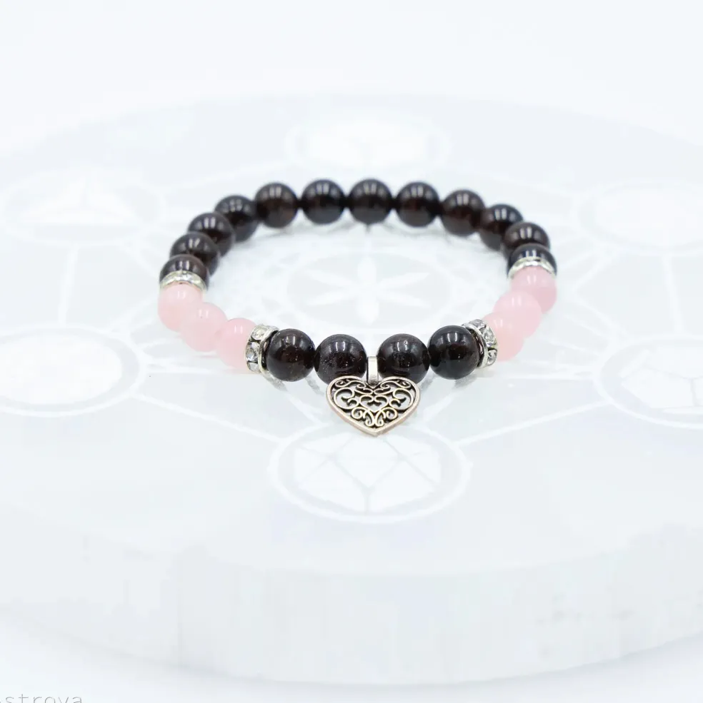 Bracelet Grenat - Quartz Rose | charm Coeur