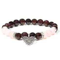 Bracelet Grenat - Quartz Rose | charm Coeur