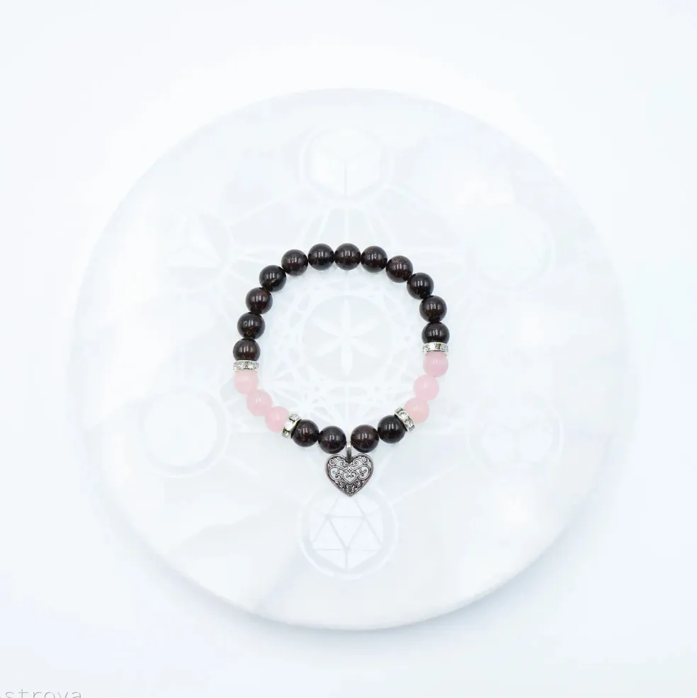 Bracelet Grenat - Quartz Rose | charm Coeur