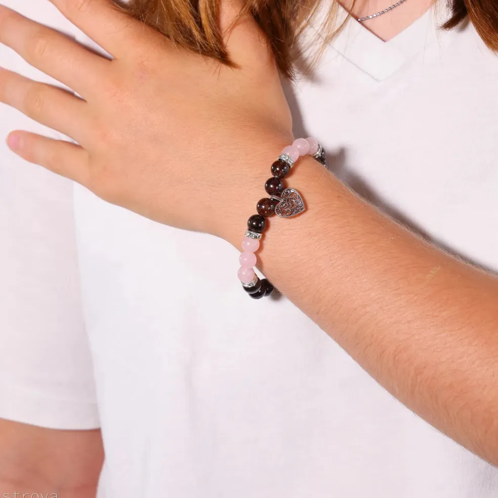 Bracelet Grenat - Quartz Rose | charm Coeur