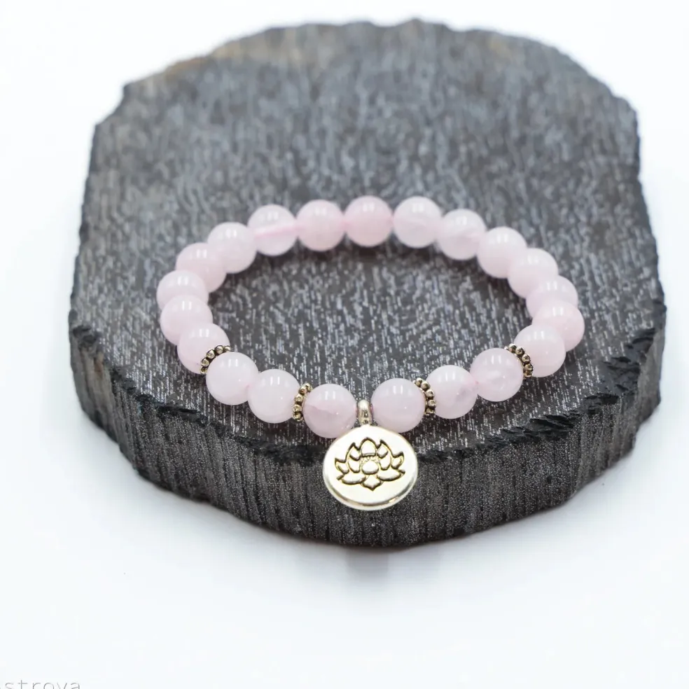 Bracelet Quartz Rose 21 perles | charm Lotus
