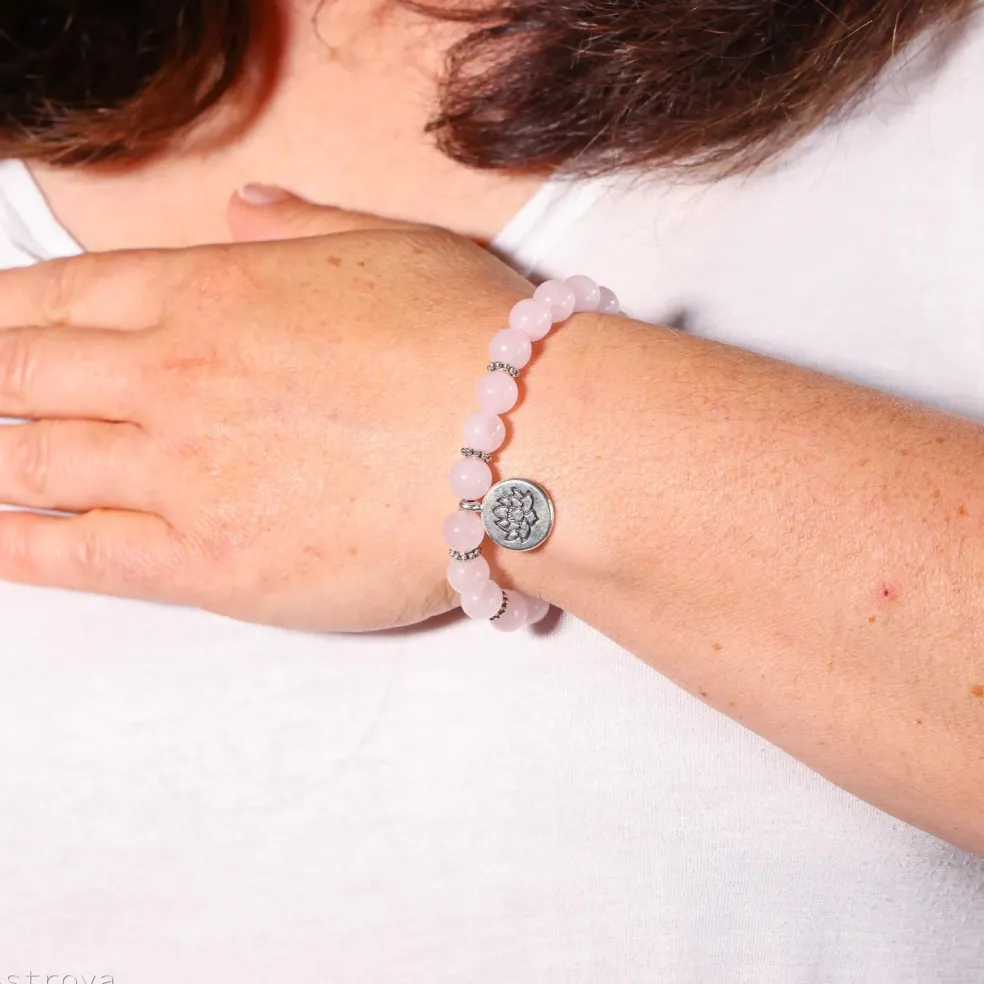 Bracelet Quartz Rose 21 perles | charm Lotus