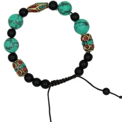 Bracelet Turquoise Corail et Agate noir ajustable - 13 mm