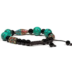 Bracelet Turquoise Corail et Agate noir ajustable - 13 mm