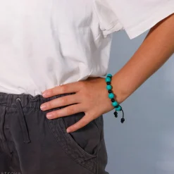 Bracelet Turquoise et Agate noir ajustable - 11 mm