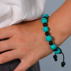 Bracelet Turquoise et Agate noir ajustable - 11 mm