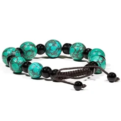 Bracelet Turquoise et Agate noir ajustable - 11 mm