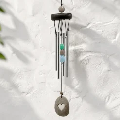 Carillon à vent 4 tubes alu, bois, perles et coeur - 35 cm