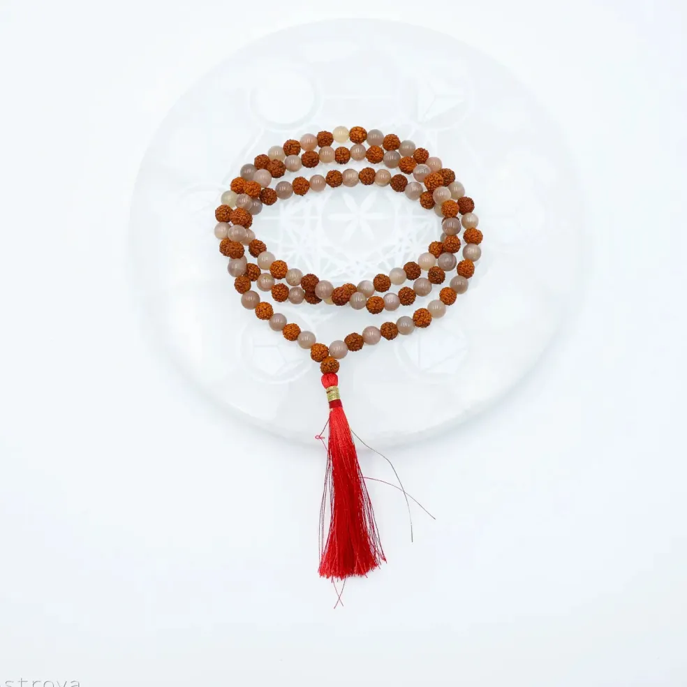 Mala Pierre de Lune Pêche et Rudraksha | 108 perles