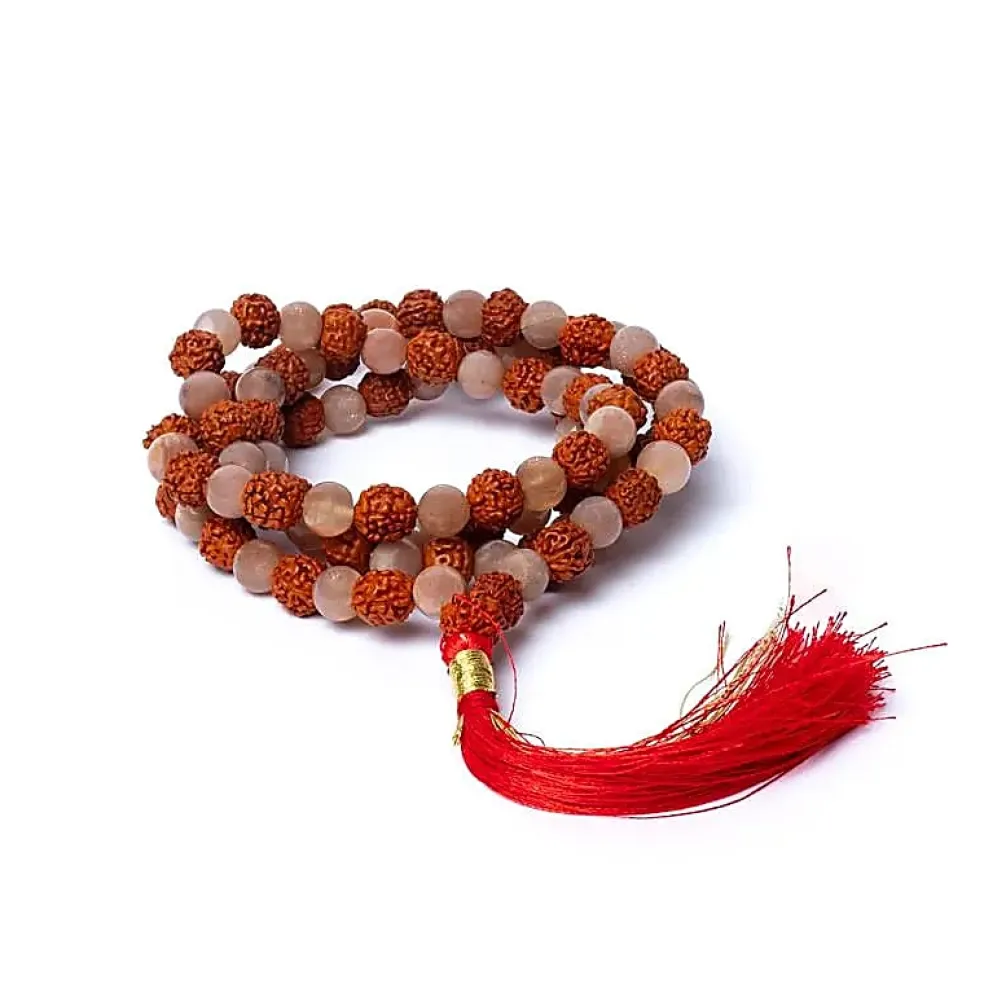 Mala Pierre de Lune Pêche et Rudraksha | 108 perles