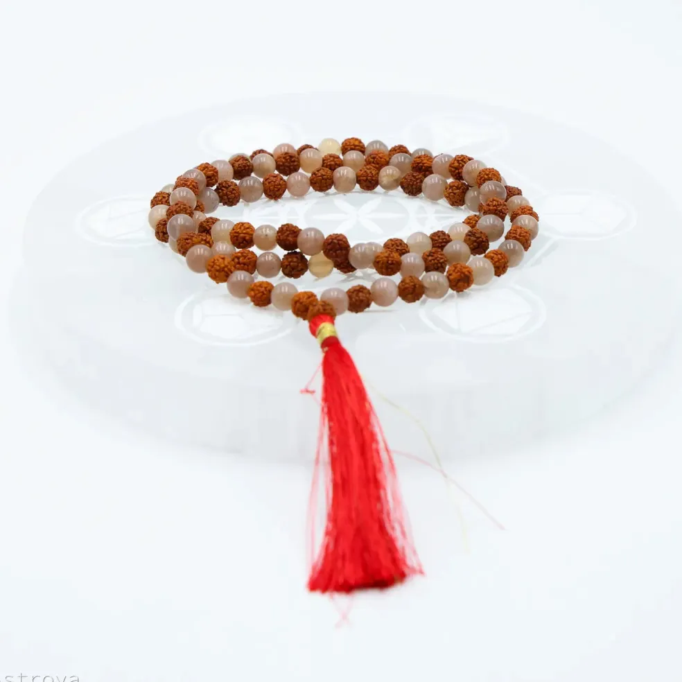 Mala Pierre de Lune Pêche et Rudraksha | 108 perles
