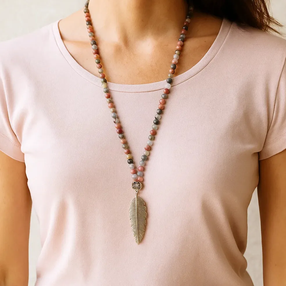Mala Rhodonite & Quartz Gris avec Plume | 108 perles