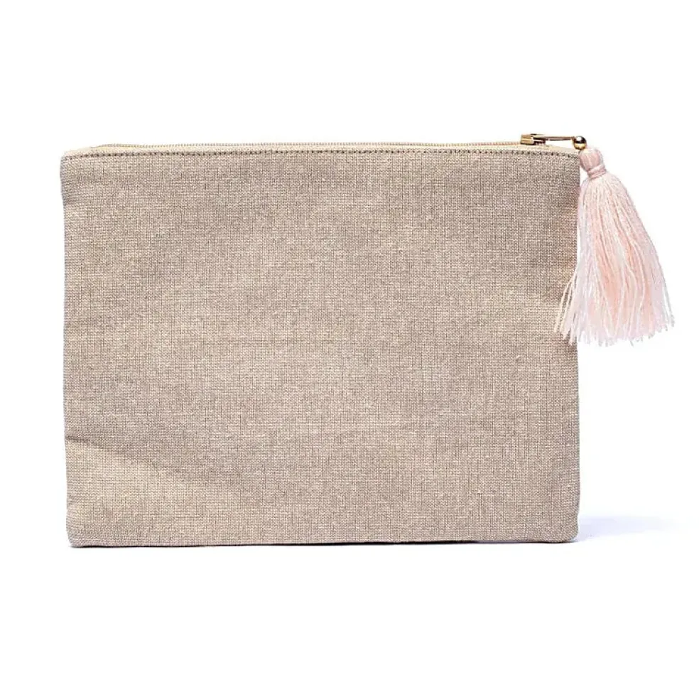 Pochette zippée en velours beige | broderie Fleur de vie