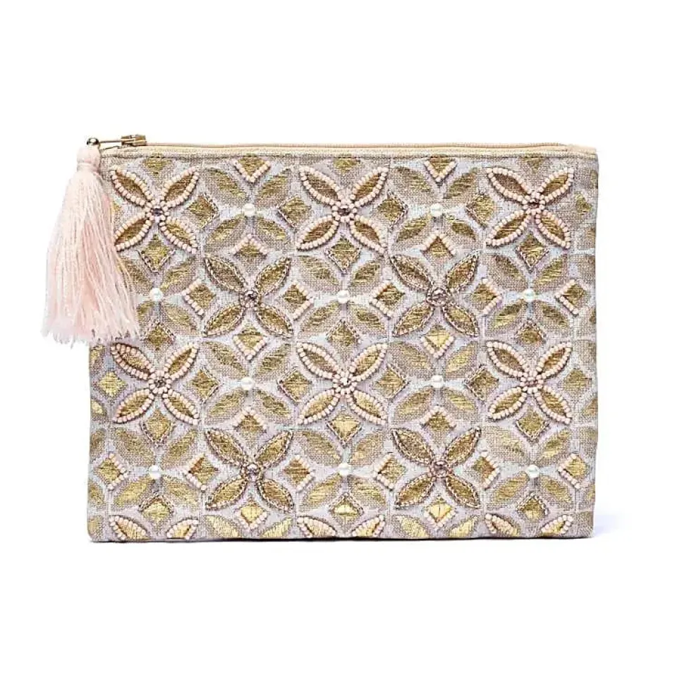 Pochette zippée en velours beige | broderie Fleur de vie