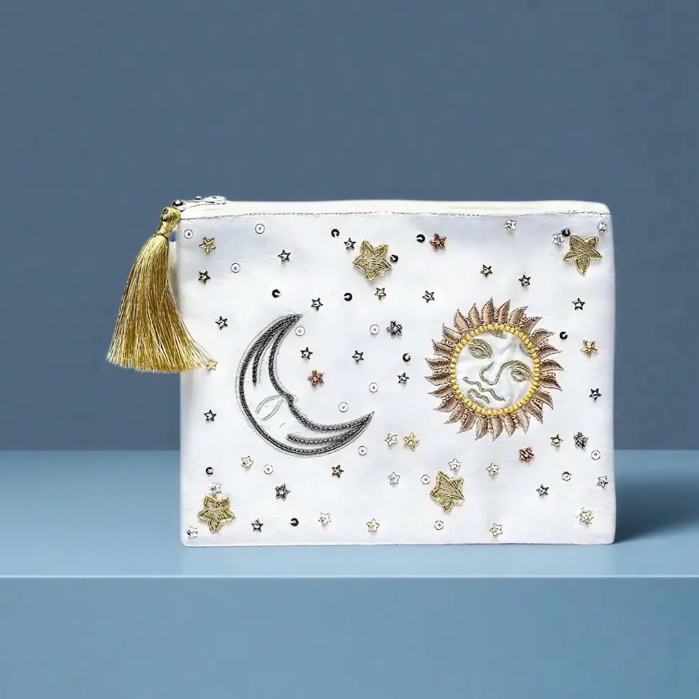 Pochette zippée en velours Blanc | broderie Soleil et Lune