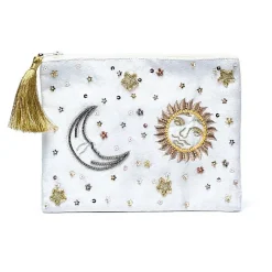 Pochette zippée en velours Blanc | broderie Soleil et Lune