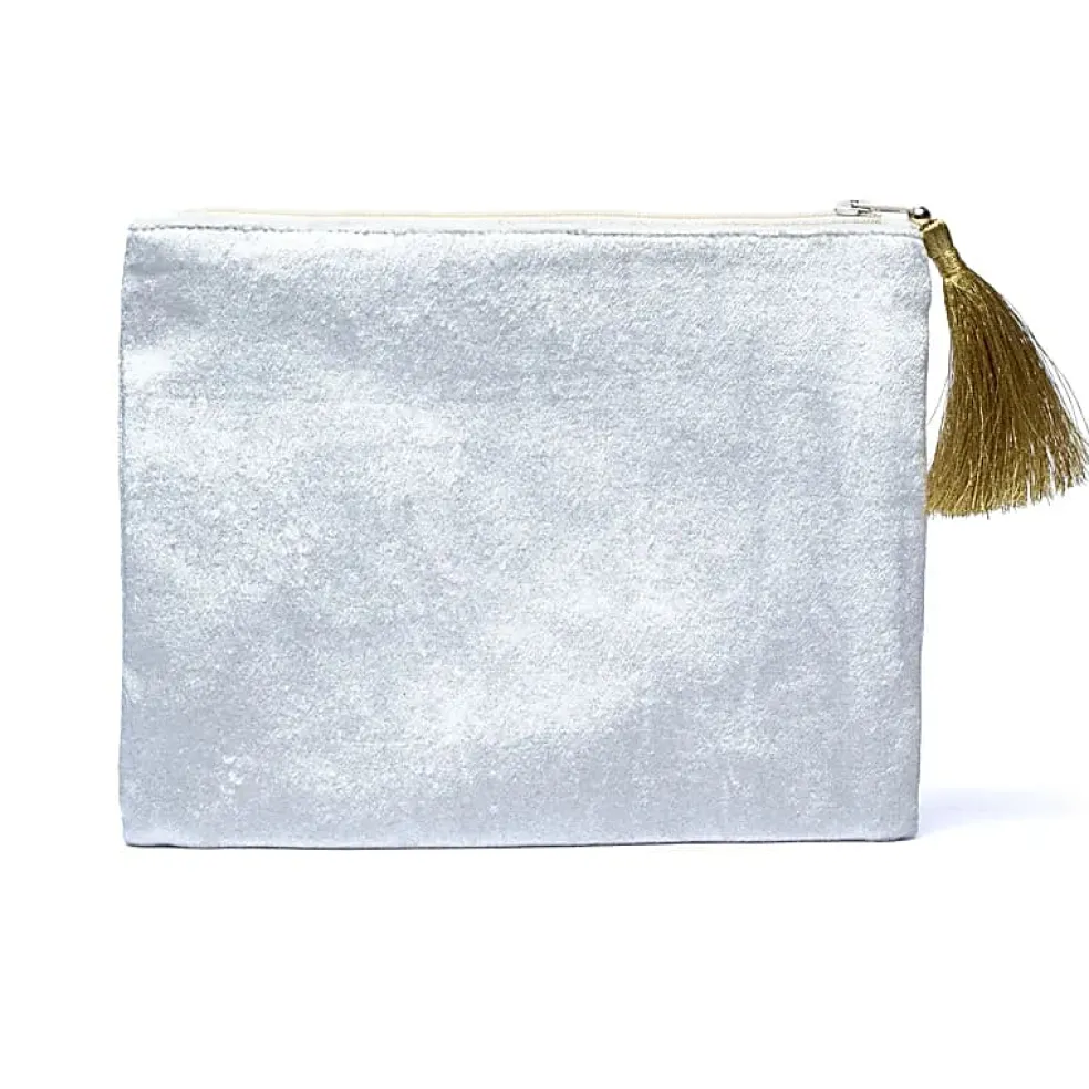 Pochette zippée en velours Blanc | broderie Soleil et Lune