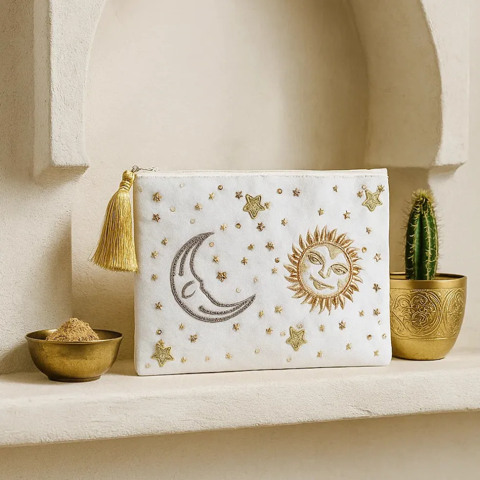 Pochette zippée en velours Blanc | broderie Soleil et Lune