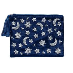 Pochette zippée en velours Bleu Foncée| broderie Lunes et Etoiles