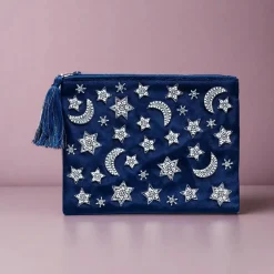 Pochette zippée en velours Bleu Foncée| broderie Lunes et Etoiles