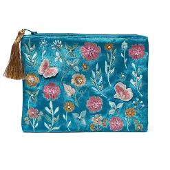 Pochette zippée en velours Bleu | broderie Fleurs