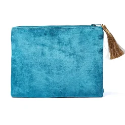 Pochette zippée en velours Bleu | broderie Fleurs