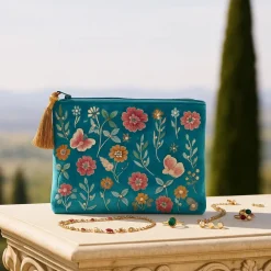 Pochette zippée en velours Bleu | broderie Fleurs