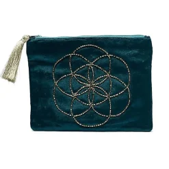 Pochette zippée en velours Bleu Pétrole | broderie Graine de Vie
