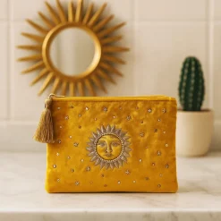 Pochette zippée en velours Jaune | broderie Soleil