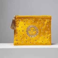 Pochette zippée en velours Jaune | broderie Soleil