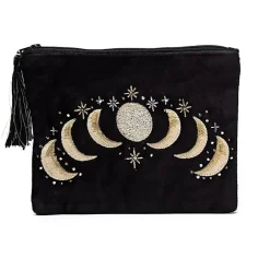Pochette zippée en velours Noir | broderie Phases de Lune