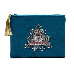 Pochette zippée en velours Pétrole | broderie Œil