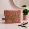 Pochette zippée en velours Rose | broderie Arbre de Vie