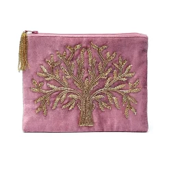 Pochette zippée en velours Rose | broderie Arbre de Vie