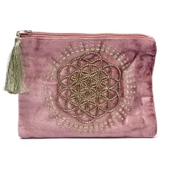 Pochette zippée en velours Rose | broderie Fleur de Vie