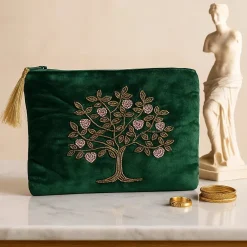 Pochette zippée en velours Vert | broderie Arbre de Vie & Coeurs