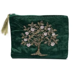 Pochette zippée en velours Vert | broderie Arbre de Vie & Coeurs