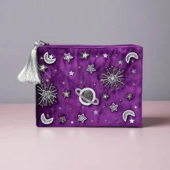 Pochette zippée en velours Violet | broderie Astres