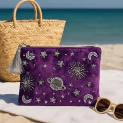 Pochette zippée en velours Violet | broderie Astres